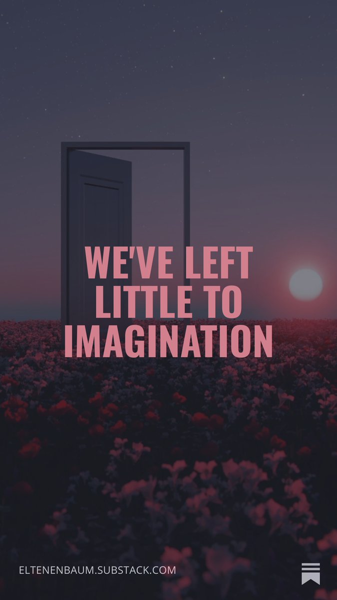 New essay!
With the gradual changes of society over the last several decades, with the continual push for publicity and explicitness, what have we left for imagination?
eltenenbaum.substack.com/p/weve-left-li…