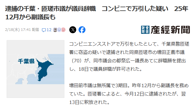 asahi48's tweet photo. 窃盗の疑いで逮捕された #匝瑳市 の増田正義市議（70歳）が、辞職願を提出し、2月18日で議員辞職が許可された。

増田前市議は無所属で3期目。昨年12月から副議長を務めていた。匝瑳署によると、今月12日に逮捕されたが、翌13日に釈放された。 https://t.co/vQjss9J9Ji