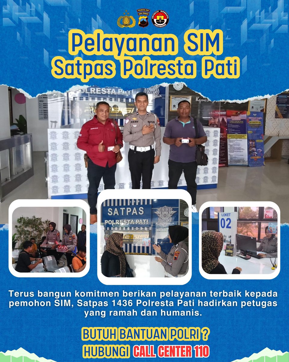 Polresta_Pati's tweet photo. Terus bangun komitmen berikan pelayanan terbaik kepada pemohon SIM, Satpas 1436 Polresta Pati hadirkan petugas yang ramah dan humanis. Butuh bantuan Polri? Hubungi Call Center 110
#Satpas1436Pati #PolriUntukMasyarakat
#PolriPresisi #PolrestaPati https://t.co/MdIjYGCDtg