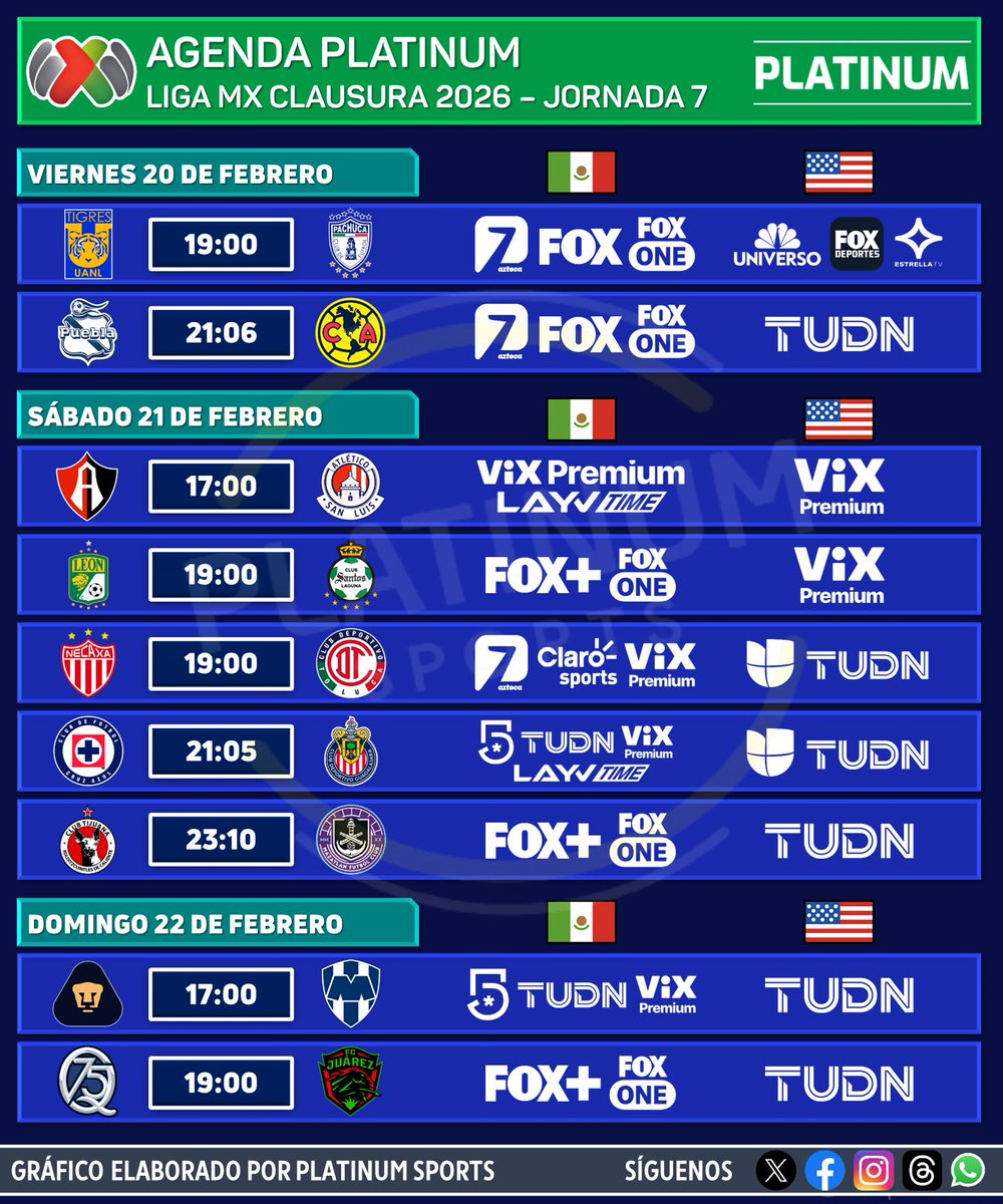 PlatinumSportMX's tweet photo. ¡LA AGENDA COMPLETA DE LA LIGA MX!

⚽️ #AgendaPLATINUM 
🇲🇽 #LigaBBVAMX Clausura 2026 - Jornada 7

⏰📺 Horarios y transmisiones para México y Estados Unidos.
⚠️ Sujeto a cambios. 

#Clausura2026 - #Jornada7 - #LigaMX https://t.co/UuCHTxZWJO