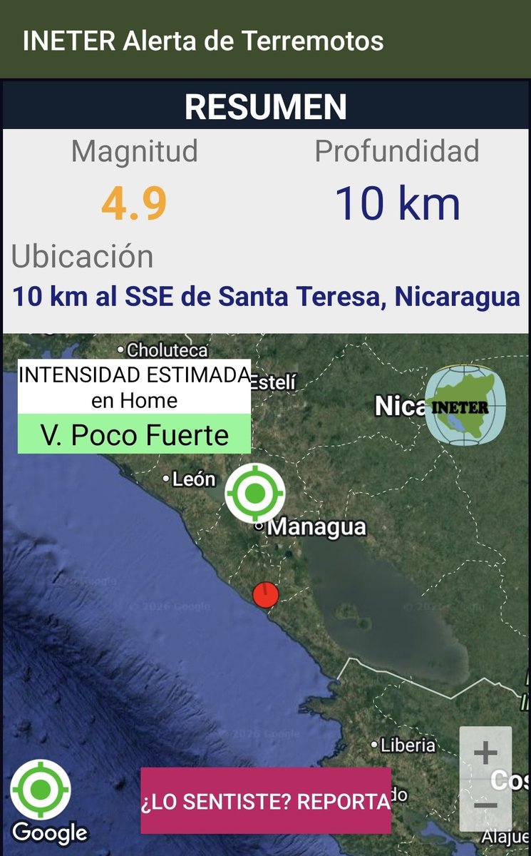 ExtraplusTV's tweet photo. #Urgente #Sismo #Nicaragua

4.9⁰ Richter, es la intensidad preliminar del sismo ocurrido a las 9pm de este miércoles, sentido en el pacífico de Nicaragua. 

#Ineter lo ubicó a 10km al SurSurEste de Santa Teresa, Carazo. https://t.co/ZsC1r9XmSX