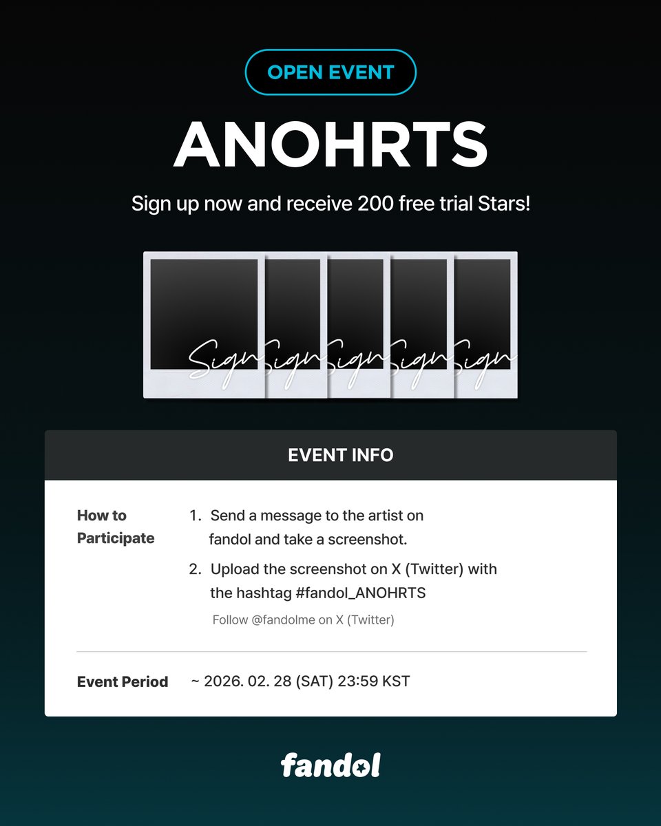 fandolme's tweet photo. [⭐️]
𝙛𝙖𝙣𝙙𝙤𝙡 𝘅 𝘼𝙉𝙊𝙃𝙍𝙏𝙎 𝙊𝙋𝙀𝙉 𝙀𝙑𝙀𝙉𝙏

How to Participate
1. Send a message to the artist on fandol and take a screenshot.
2. Upload the screenshot on  X (Twitter) with the hashtag #fandol_ANOHRTS
3. Follow @fandolme on X (Twitter)

Event Period : ~ 2026. 02. 28(SAT) 23:59 KST
Prize: 1 ANOHRTS signed Polaroid (5 winners)
Participate here ➡ https://t.co/QOAAzOeQ50

#아노하츠 #ANOHRTS #アノハツ
@anohrtsofficial