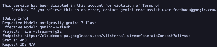 JAKEVIN16's tweet photo. OpenCode + Antigravity = ban https://t.co/xd1QFcrMK0