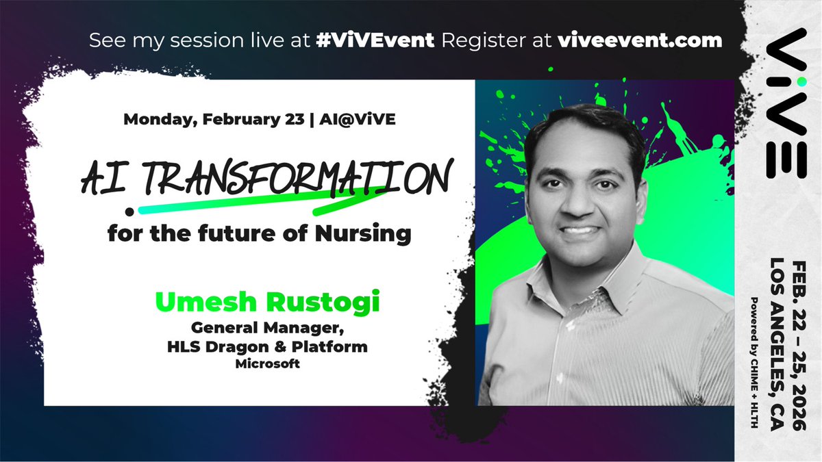 BillAndreozzi's tweet photo. Excited to see Umesh Rustogi, GM for HLS Dragon &amp; Platform at Microsoft, at #ViVEevent!
He will share how AI is transforming the future of nursing and reshaping care delivery. Learn more &amp; register: https://t.co/tv2Y8Mkj5y

#AIinHealthcare #Nursing #MSFTAdvocate https://t.co/ZhM21w4hqZ