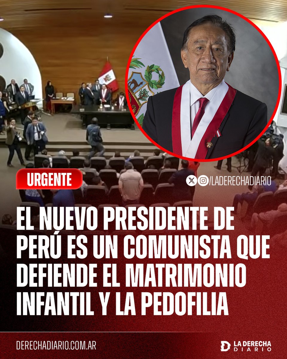🚨🇵🇪 | #URGENTE DESASTRE: El nuevo presidente interino de Perú, José María Balcázar, es un comunista del partido Perú Libre de Pedro Castillo y defiende el matrimonio infantil y la pedofilia; en 2023, cuando se debatía una ley para prohibir el matrimonio infantil, dijo que las
