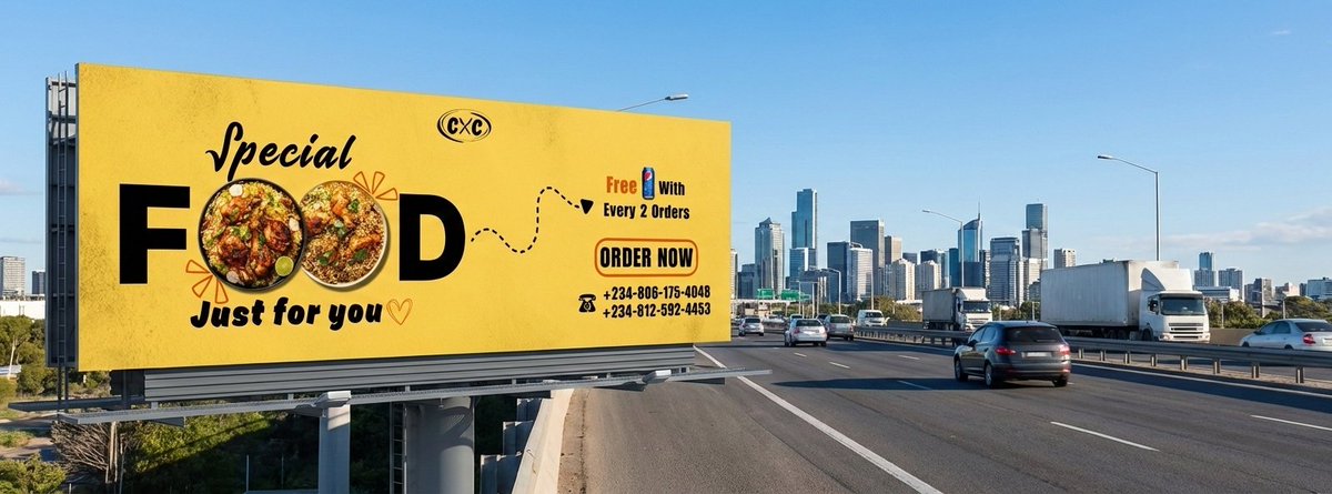 Day 033: Hungry? This is a sign from above 🍲
Day 18 of the <a href="/gdgoc_funaab/">GDG on Campus, FUNAAB</a>
#30DaysDesignChallenge 
Brief: Billboard mockup 

Cravings satisfied? Check✅.
Street-side visibility? Check✅.
A free Pepsi to wash it all down? Double check👌🏽😌💯! 

<a href="/hameed_oyewola/">Oyewola Hameed</a> 
#Billboard #canva