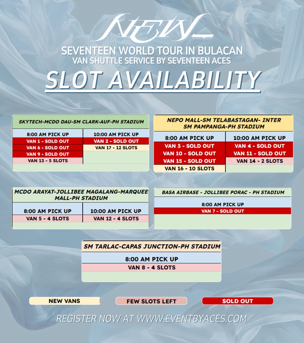 seventeen_ACEs's tweet photo. Slot update as of February 19✨

We will stop adding vans on Feb. 28, starting March 1, only the remaining slots on each route will be available for grabs on our website.

Here’s the current slots available for  SEVENTEEN NEW_ WORLD TOUR IN BULACAN— Pampanga & Tarlac shuttle service by aces  🚐

Reserve your slots at https://t.co/qRZv5JAcdq until March 5 💎

🏷️ svt concert ph van carpool wts lfb dau mabalacat clark smc smp smt nepo auf tarlac san fernando magalang florida floridblanca arayat porac