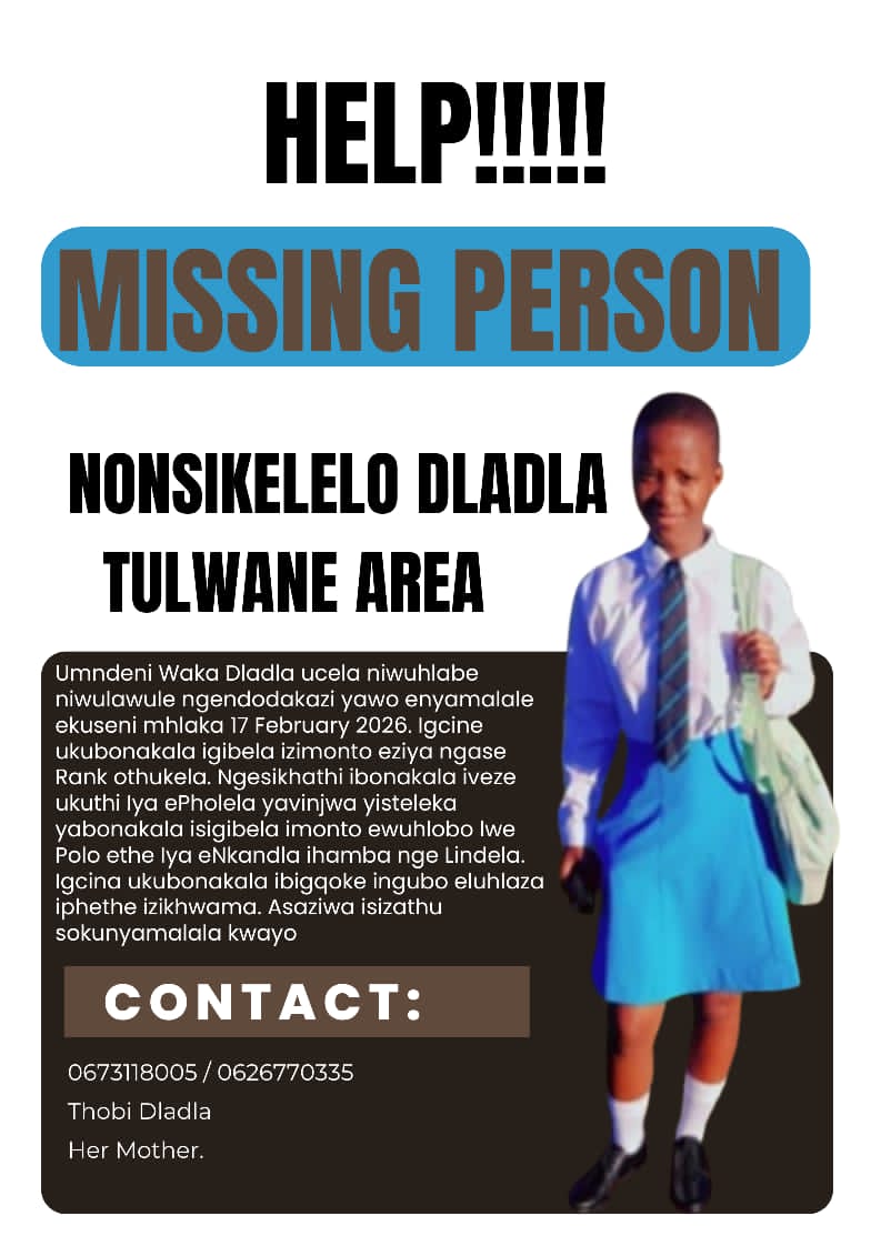 <a href="/ukhozica/">Izindaba Zomphakathi Ukhozi FM</a>  #Ezanamuhla umndeni wakwa Dladla ucela ukufuniswa indodakazi yawo U Nonsikelelo Dladla onyamalale mhlaka 17 kuthangi egibela izimoto izimoto eziya e renk o Thukela esuka e Tulwane eya e Pholela , kube nesiteleka wagcina egibela I Polo ebeliya e Nkandla, 0673118005