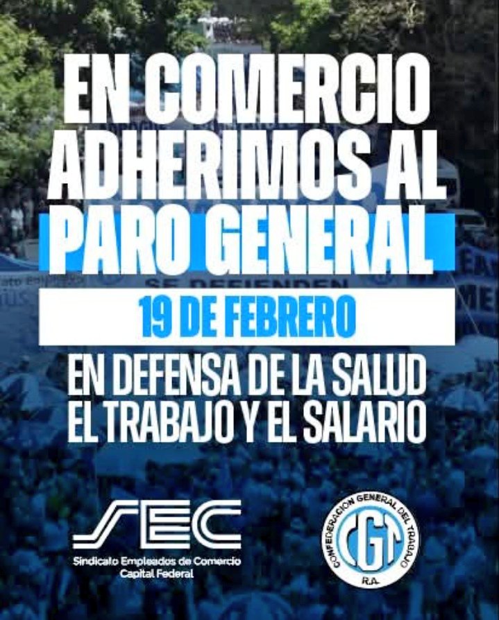 Compañeros/as, les informamos que el dia 19 de febrero, todas nuestras sedes permanecerán cerradas con motivo de la adhesión de nuestro gremio al #PAROGENERAL convocado por la #CGT. 

Asimismo, no habrá actividades en Parque Norte, el Club Recreativo Ezeiza y el Ateneo.
