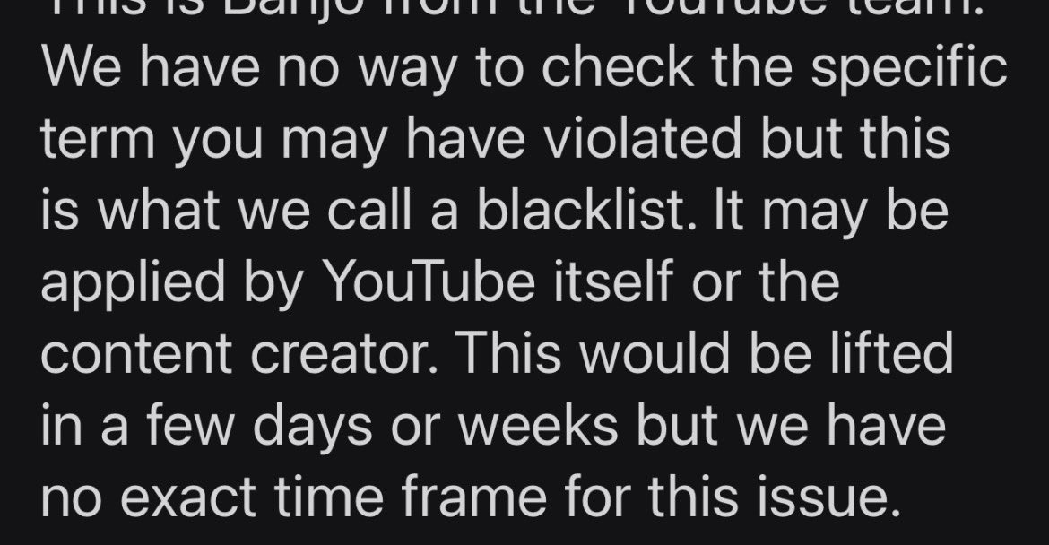 I got blacklisted from Bae’s channel even though I’m sure I never broke any rules.

I was even about to get my rainbow badge next month, but there’s honestly nothing I can do… 😞

This is really upsetting… she might end up losing a loyal fan because of a flawed platform system