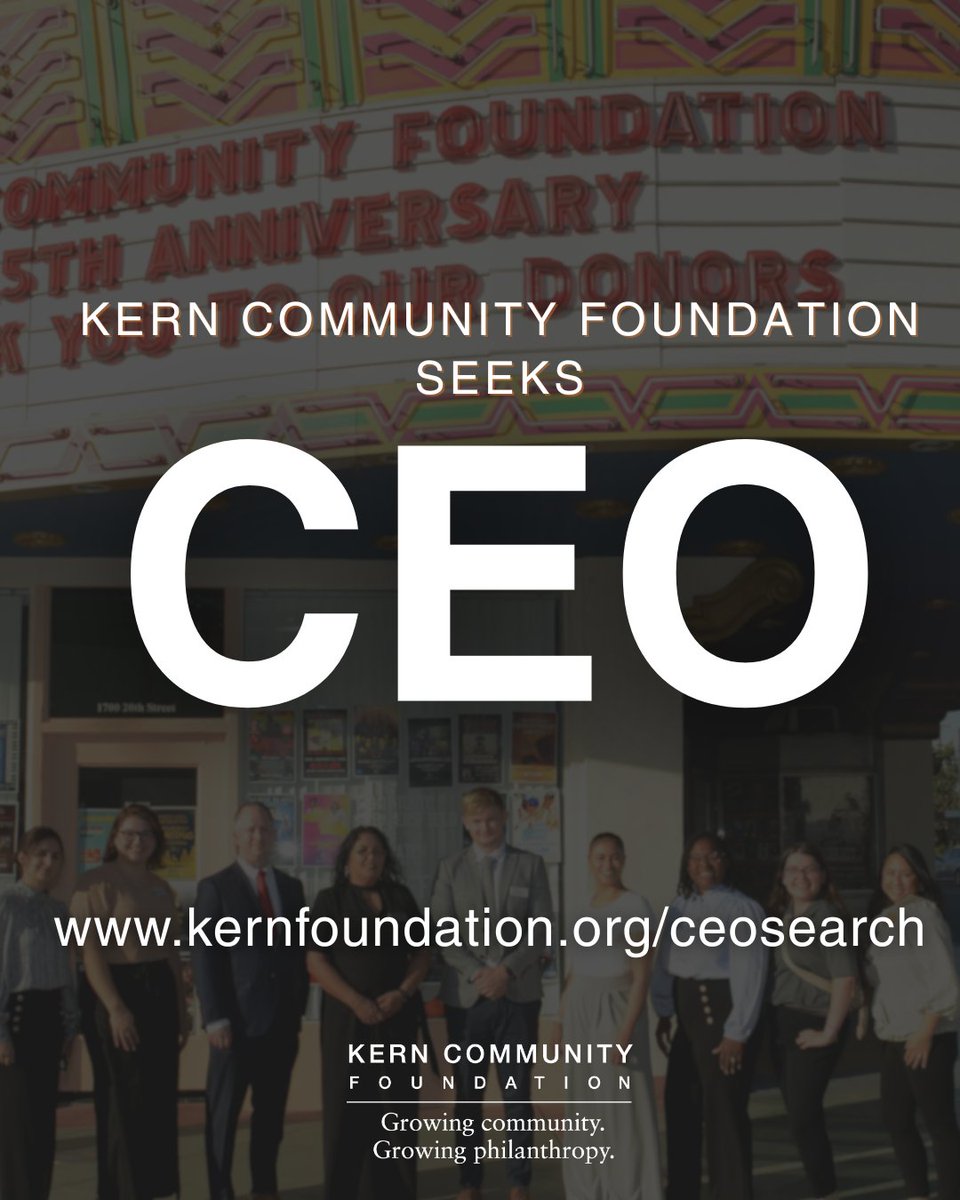 kernfoundation's tweet photo. #CEO Search! Join a dedicated team committed to making a lasting impact in #Kern County. Kern Community Foundation's Board of Directors has initiated a search for our next Chief Executive Officer.
Please visit https://t.co/LZ6tw1tzRx to view the full job description. #ceosearch https://t.co/Lu0qxhtXHY