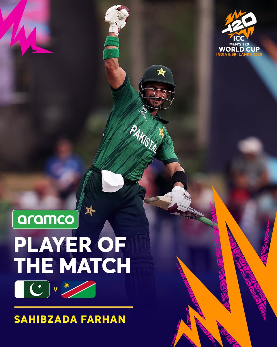 Pakistan'sOpning Batsman Sahibzada Farhan took the game away from Namibia with a superb hundred👌
Man Of The Match 👏👏👏
TOP Scorers 220+
He wins the <a href="/aramco/">aramco</a> POTM🏅
#PAKVSNAM #T20WorldCup
📝: icc-cricket.com/tournaments/me…