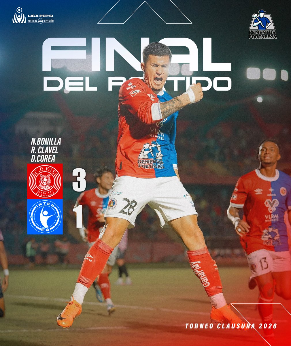 ¡𝑽𝑰𝑪𝑻𝑶𝑹𝑰𝑨 𝑻𝑰𝑮𝑹𝑰𝑳𝑳𝑨, 𝒆𝒏 𝒄𝒂𝒔𝒂 𝒚 𝒆𝒏 𝒍𝒂 𝒄𝒊𝒎𝒂! 😮‍💨🔴🔵

⚽️ Nelson Bonilla 
⚽️ Rudy Clavel
⚽️ Dustin Corea 

FAS 3-1 Inter FA 
#cdfas #tigrillos #clausura2026
