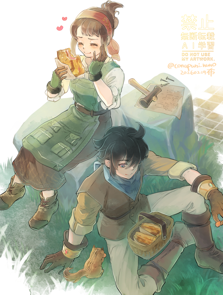 本日の朝活
「休憩の時間」
🐙0 スティアと主人公

スティアの好物ってなんだろう？？→大工仕事の合間にも食べやすいサンドイッチとかどうかな？ 好きかな？ と思って描きました！！🥪