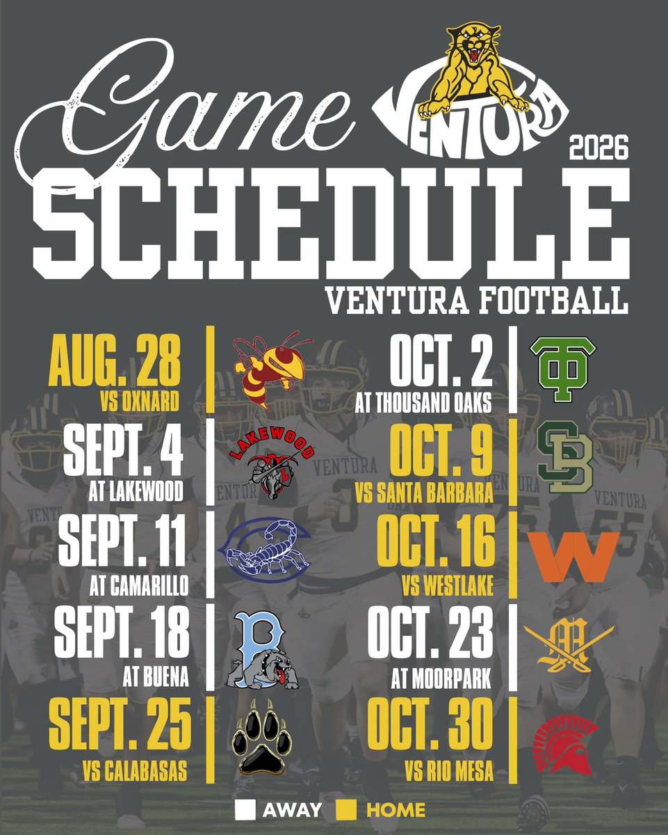 VenturaFootball's tweet photo. 🚨2026 Ventura Football Game Schedule🚨 We are proud to announce our upcoming schedule for this season in our new league! All games will start at 7:00pm on Friday’s! Go Cougars! https://t.co/y3QmZ96Cxm