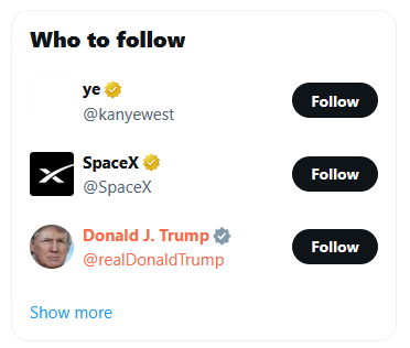 nako_naha's tweet photo. See, this shit is why everyone's migrating to Bluesky. Oy vey. The only way this could be a worse set of recommendations is if you replaced SpaceX with R*wling. https://t.co/UW2OaKPtWa