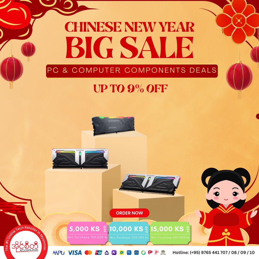 MyanmarICT's tweet photo. 🧧 PC & Computer Components Deals - Up To 9% OFF 🧧
👉 ဒီ Link မှာ အခုပဲဝယ်ယူလိုက်ပါ » https://t.co/5rojvd5R7w
✨Enjoy Shopping✨
Team https://t.co/v96CAejun2
#ShopICT #Myanmar #1OnlineTechRetailer #ChineseNewYear #promotion #sale #ComputerComponents #DesktopMemory #Zadak https://t.co/Y0YiHFWAr1