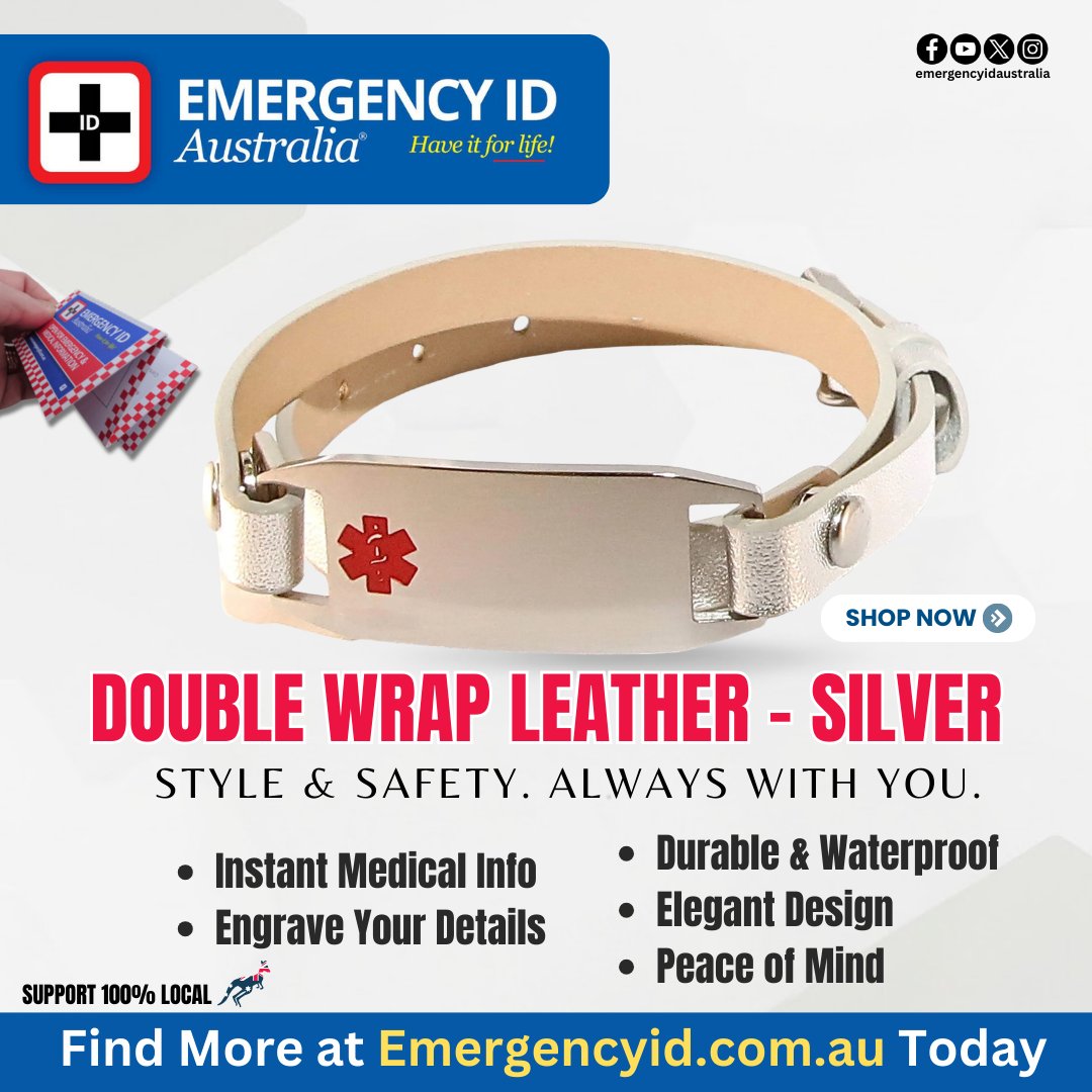 EmergencyIDAust's tweet image. Stay safe in style with the Double Wrap Leather Medical Alert Bracelet – Silver. Designed for comfort and everyday wear.

emergencyid.com.au/shop/bracelets…

#leathermedicalalert #medicalidbracelet #emergencyid #silverbracelet #healthsafety #medicaljewellery