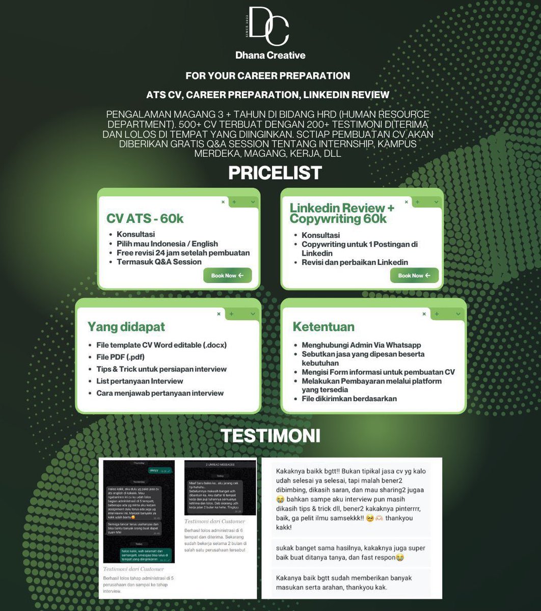 KJWipe's tweet photo. @evermorejkyt Halo semua, Dhana Creative buka jasa buat bikin CV ATS friendly ya kak sama ada jasa review LinkedIn✨✨testi bisa cek pinned tweet. Pengalaman kerja jadi HRD (2 tahun) dibuatkan HRD langsung https://t.co/vcChivA9EX