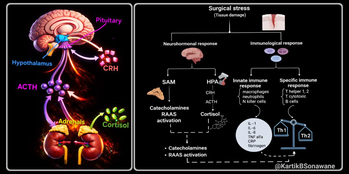 KartikBSonawane's tweet photo. 🚨🚨 RA & ANS: C. Stress Response - When the Sympathetic System Hits the Panic Button
#StressResponse #RAandANS #SympatheticNervousSystem #FightOrFlight #SympathoadrenalAxis #HPAaxis #Catecholamines #PerioperativeMedicine #AnesthesiaEducation #RegionalAnesthesia #CriticalCare #Neurophysiology #MedEd
#TipOfTheDay #MyRATips
Tip of the Day:
💥 What is the stress response?
It’s the body’s fight-or-flight reaction to pain, fear, hypovolemia, hypoxia, or surgery.
And it has TWO parallel arms 👇
1️⃣ ⚡ FAST ARM: Sympathetic–Adrenal Medulla system (SAM)
🔹 🧠 Trigger : sudden stress (pain, anxiety, laryngoscopy, blood loss)
🔹 🛣️ Pathway :
Spinal cord (T1–L2) ▶️
Thoracic splanchnic nerves ⏩
Adrenal medulla
🔹 🧪 What’s released into blood:
🧬 Epinephrine
🧬 Norepinephrine
🔹 ⏱️ Speed :Seconds (very fast)
🔹 🎯 Effects :
❤️ ↑ Heart rate & contractility
🩸 ↑ Blood pressure
🫁 Bronchodilation
🧠 ↑ alertness
🍬 ↑ Blood glucose
👉 This is the immediate survival response
2️⃣ ⏳ SLOW ARM: HPA axis (Hormonal stress response)
🔹 🧠 Hypothalamus → CRH
🔹 🧠 Pituitary → ACTH
🔹 🧠 Adrenal cortex → Cortisol
🔹 ⏱️ Time: Minutes to hours
🔹 🎯 Effects:
Maintains BP
Sustains glucose supply
Modulates inflammation
Supports prolonged stress
💉 Where RA fits in
🟢 HOW RA does well
✨ Blocks nociceptive input
✨ Reduces sympathetic outflow
✨ Blunts catecholamine surge
✨ ↓ Stress response to surgery
⚠️ But here’s the catch
❌ High spinal / epidural:
May block Peripheral sympathetic tone & Adrenal medulla input
👉 Result:
Hypotension
Bradycardia
Poor stress compensation
🟢 Why peripheral nerve blocks are safer hemodynamically
✔️ They do not block splanchnic nerves
✔️ Adrenal stress response is preserved
✔️ Better cardiovascular stability
🎯 Take Home:
🔹 The stress response has a FAST sympathetic–adrenal component and a SLOWER hormonal component.
🔹 RA modulates this response by reducing afferent pain signals and sympathetic outflow, but excessive Neuraxial blockade may abolish essential compensatory mechanisms.