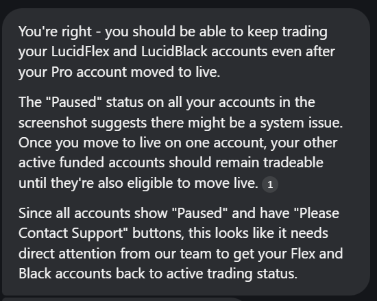 Alexproptrades's tweet photo. I'm a little confused with Lucid Live Transition.

I was offered Live which would take 3-4 weeks to setup or just get a payout of $30k at 80/20 split.

I took the payout but I thought I would still be able to trade my other funded accounts because their FAQ says this (see screenshot) 

I have the following:
1. Legacy Pro: Almost went 6 payouts but they stopped me right before 6th payout. I built a balance of $33k and they took this account "live" or "full payout." I opt'd for the full payout as I didnt want to wait for live as it sounds like lots of people have been patiently waiting for live. 

2. LucidFlex: I was 2 days away from first payout, just needed $200 on both days. Cant trade it any longer. Profit of $6,300 so far.

3. LucidBlack: I was at payout but stopped me from taking payout as they were "transitioning" me to live with my pro account. I thought I would still be able to trade my funded accounts while I take live full payout of my pro legacy accounts? Profit of $4300. I feel like they owe me at least a payout of LucidBlack since I was at payout and met all requirements but because before I can even click the payout button, they "transitioned" me to live. 

Whats everyone else's experience for those that have the legacy pro accounts?