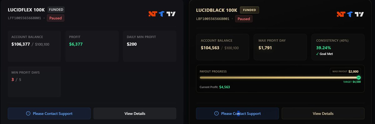Alexproptrades's tweet photo. I'm a little confused with Lucid Live Transition.

I was offered Live which would take 3-4 weeks to setup or just get a payout of $30k at 80/20 split.

I took the payout but I thought I would still be able to trade my other funded accounts because their FAQ says this (see screenshot) 

I have the following:
1. Legacy Pro: Almost went 6 payouts but they stopped me right before 6th payout. I built a balance of $33k and they took this account "live" or "full payout." I opt'd for the full payout as I didnt want to wait for live as it sounds like lots of people have been patiently waiting for live. 

2. LucidFlex: I was 2 days away from first payout, just needed $200 on both days. Cant trade it any longer. Profit of $6,300 so far.

3. LucidBlack: I was at payout but stopped me from taking payout as they were "transitioning" me to live with my pro account. I thought I would still be able to trade my funded accounts while I take live full payout of my pro legacy accounts? Profit of $4300. I feel like they owe me at least a payout of LucidBlack since I was at payout and met all requirements but because before I can even click the payout button, they "transitioned" me to live. 

Whats everyone else's experience for those that have the legacy pro accounts?