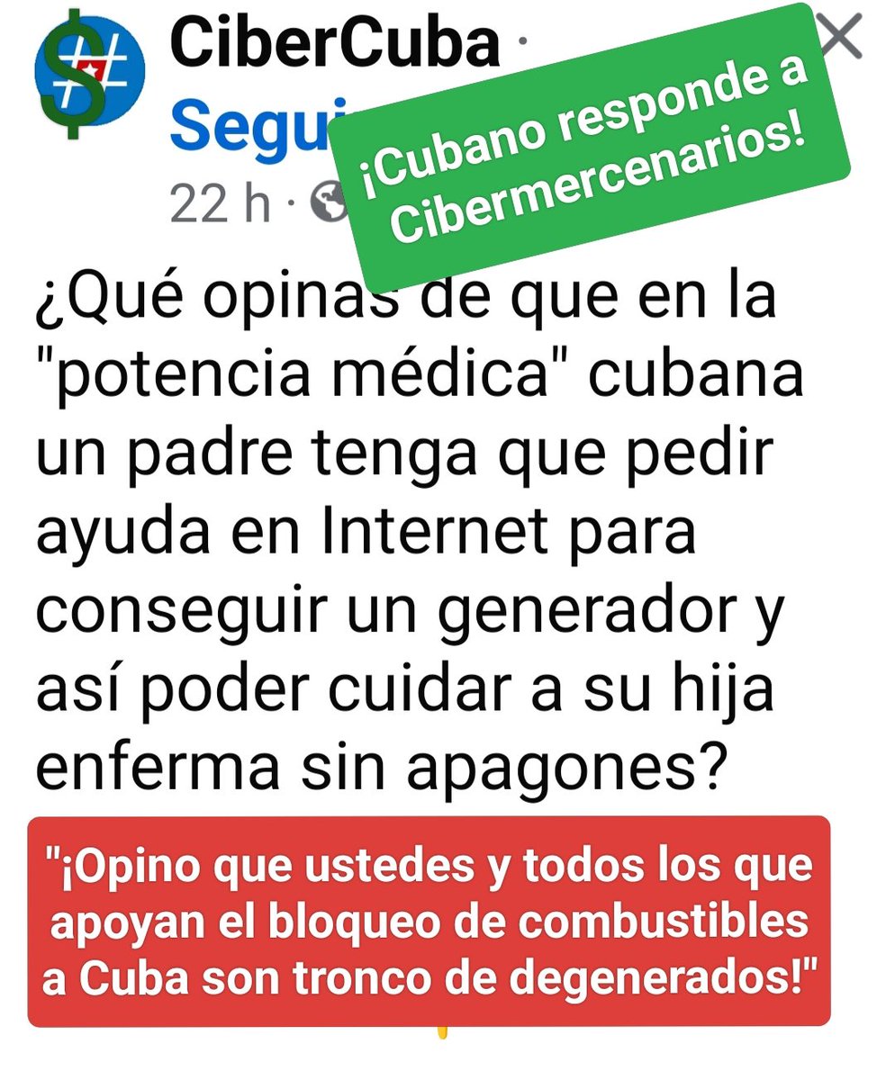 Noticias del CiberCirco anticubano:
¿Qué culpa tienen los niños enfermos en los hospitales, sin electricidad por el bloqueo de combustibles, que a Trump y sus Cipayos no les guste "el régimen"?
#Cuba #CDRCuba #TumbaElBloqueo