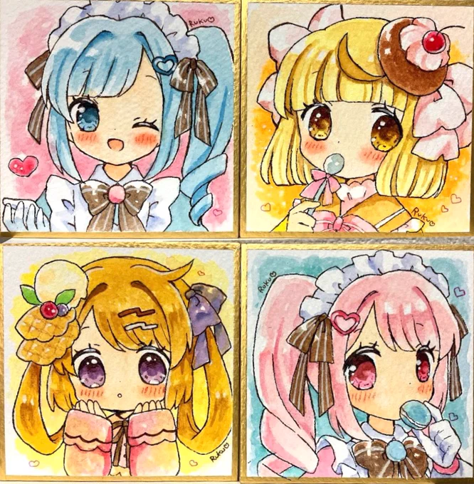 コミティアに出すミニ色紙と豆色紙たちです本用に生まれた子達を描きました ミニ色紙の方はキラキラしてます