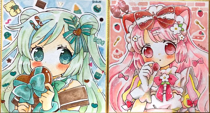 コミティアに出すミニ色紙と豆色紙たちです本用に生まれた子達を描きました ミニ色紙の方はキラキラしてます