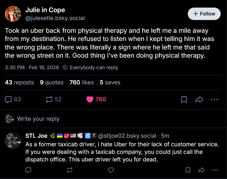 STLJOE2's tweet image. Hello @Uber @uber_support: I just saw the following on @bluesky. I commented. Your poorly trained drivers &amp;amp; lack of immediate customer service are going to get a poor passenger killed. bsky.app/profile/julese…  #Uber #uberdriver #rideshare