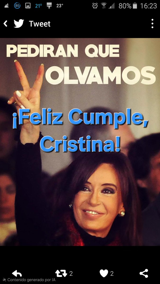 #19F
¡Feliz Cumple, querida Compañera <a href="/CFKArgentina/">Cristina Kirchner</a>!
#CristinaCumple
#CristinaLibre