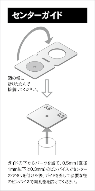 己のフォースを過信して開けた穴。こんなはずじゃなかったのに・・・精度の要、円の中心だからこそこだわりたい。
センターガイドがピンバイスの先端を導きます。ピースと共にあらんことを！

『ピンバイス用センターガイド』
sujibori-do.ocnk.net/product/1356