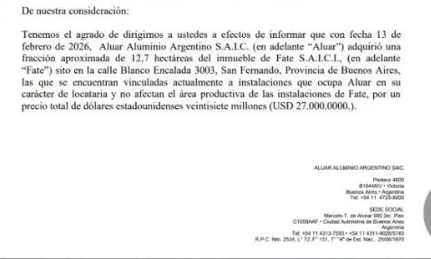 Aparentemente Aluar Aluminio compró hace 6 días parte del terreno de FATE.
El dueño de ambas empresas es el mismo.
Todo muy normal...