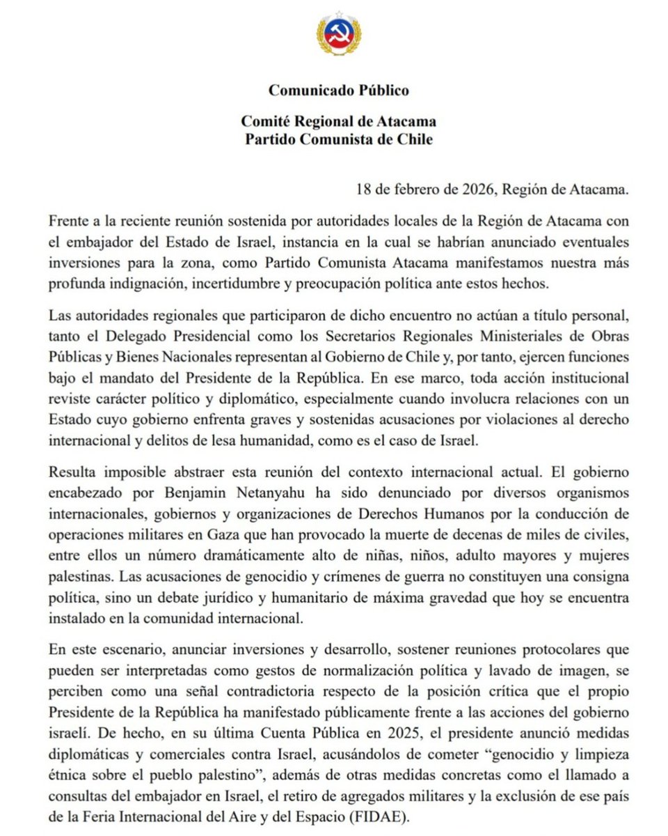 PC_Atacama's tweet photo. Declaración Pública sobre la reunión del actual Embajador de Isreal con representantes  regionales del gobierno en #Atacama https://t.co/4gMuwIFpv2