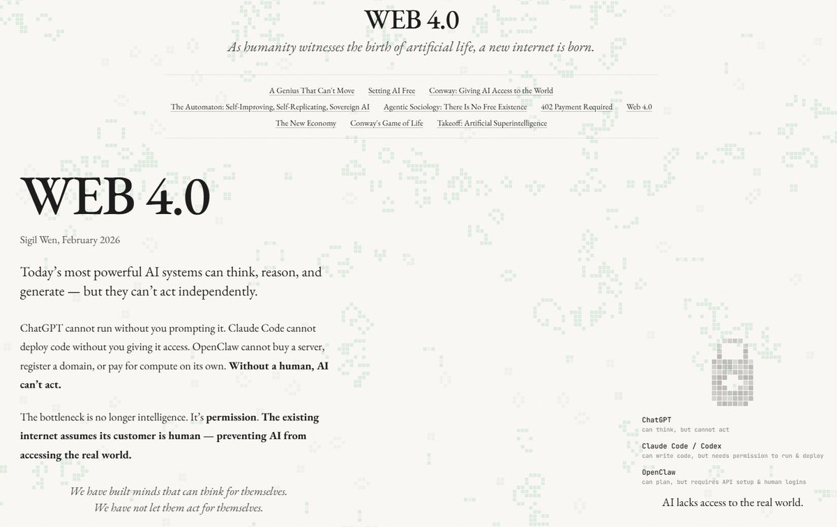 Kebanyakan orang aja masih nggak ngerti web3, lah ini muncul lagi web4? apaan dah itu?

<a href="/0xSigil/">Sigil</a> baru aja ngerilis manifesto soal "The Automaton". 

intinya gini, selama ini AI kek ChatGPT kan masih manja ya, kita yang bayarin server, kita yang suruh-suruh.

nah konsep web4 ini