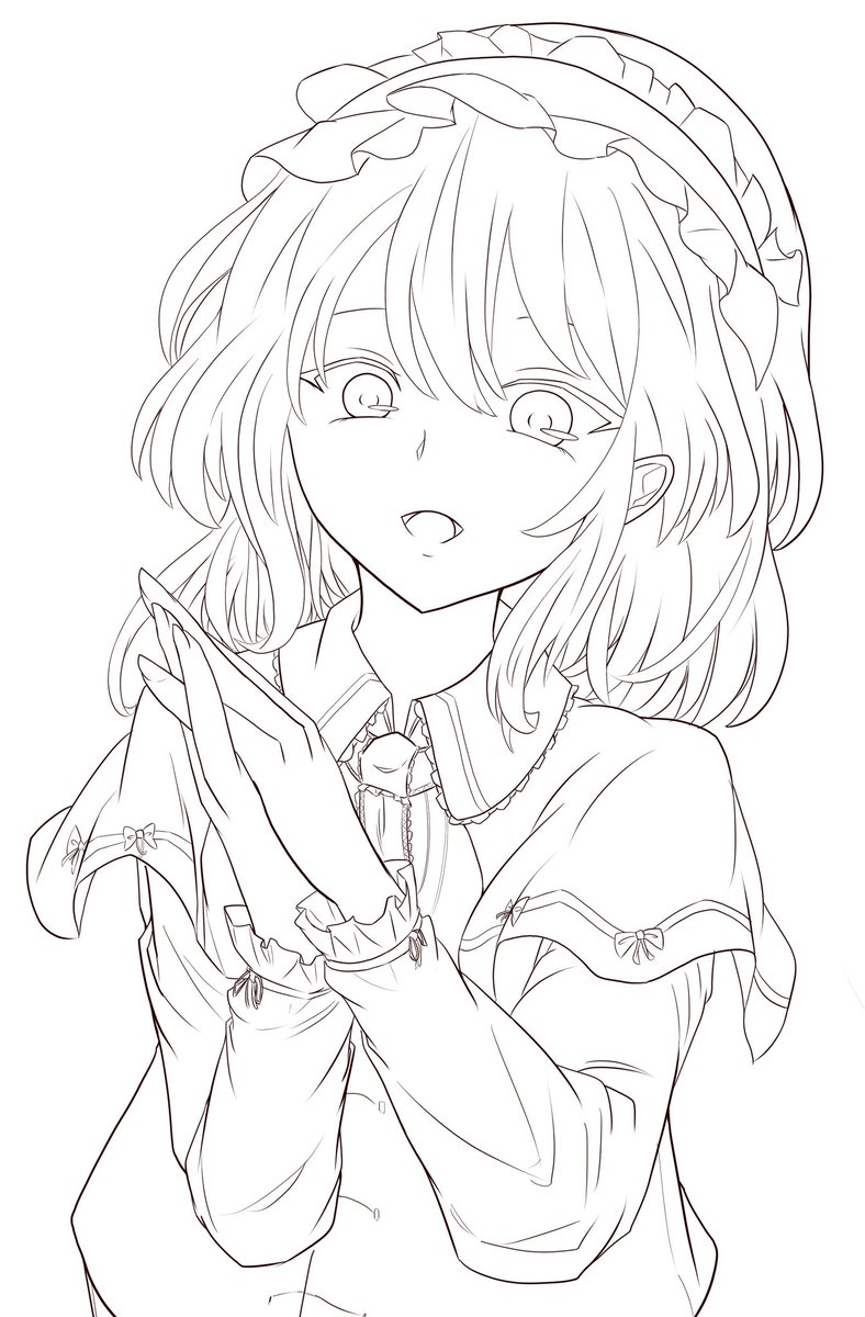 今描いてるアリスさんの進捗。ラフと線画が1番可愛いんじゃ…