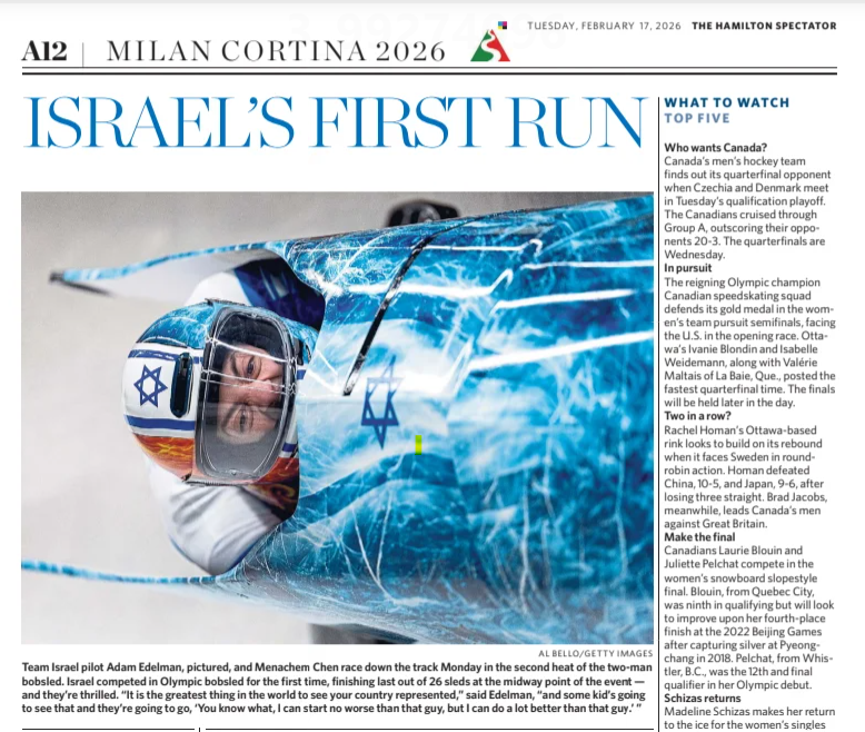 I don't understand why <a href="/TheSpec/">Hamilton Spectator</a> in #HamOnt chose to run a photo and puff piece about the Israeli Olympic bobsled team on Tuesday, February 17.
92 or 93 countries compete in the Olympics.  There are thousands of events.  Every athlete has something to say.
Why does Israel get this