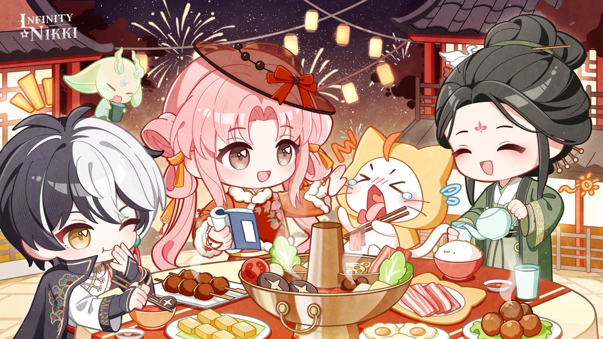 InfinityNikkiEN's tweet image. ♾INFINITY | Nikki's Chinese New Year: A Heart-Warming Reunion

"Nikki's hearty hotpot, step right up and have a try!"
"Momo, careful! There's plenty more—don't burn yourself!"

Fireworks light up the night sky as happiness bubbles in the steam.
Gather your friends around the