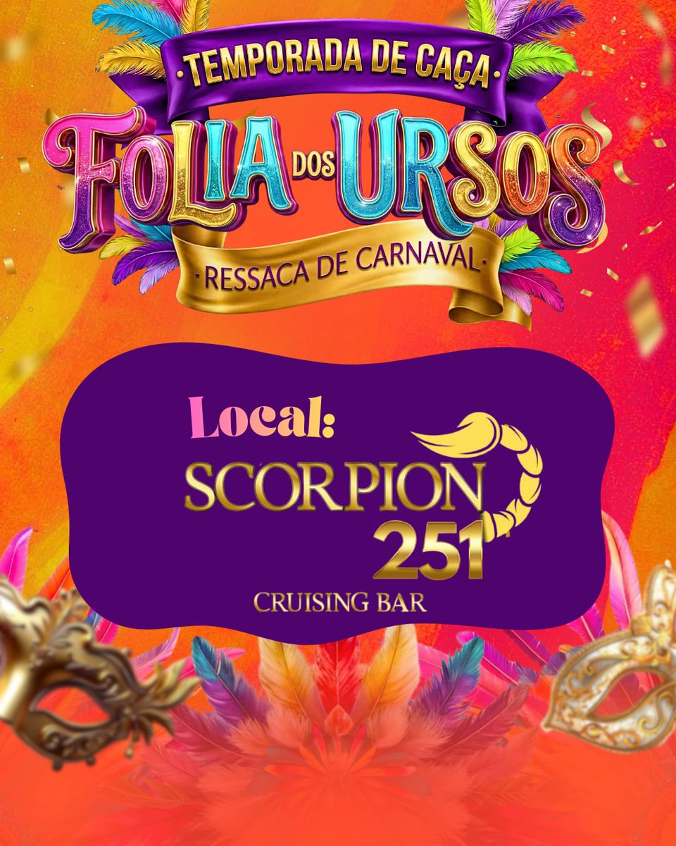 temporadaursina's tweet photo. 🎭✨FOLIA DOS URSOS – RESSACA DE CARNAVAL ✨🎭

📍Na @scorpion251jp

O seu after do carnval 😏🔥

💥 A Temporada de Caça continua e essa edição promete:
✔️ Ambiente fechado
✔️ Som no talo
✔️ Climinha de Carnaval com gosto de quero mais
✔️ Os ursos mais lindos da região https://t.co/ErVlM22zMY
