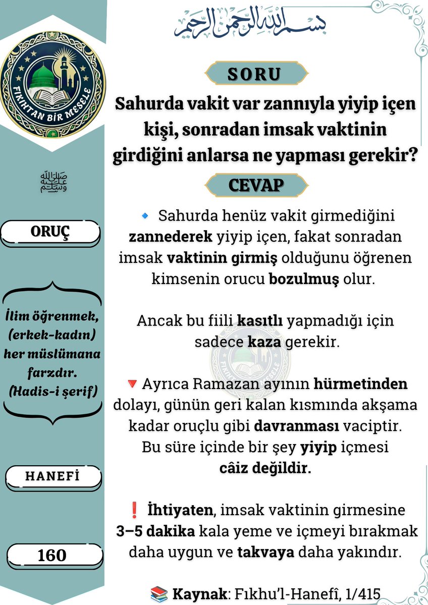 👉 İmsakta vakit var zannıyla yeme içme durumu