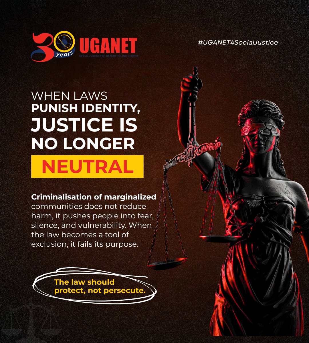 Uganetlaw's tweet photo. Criminalisation of marginalized communities does not reduce harm, it pushes people into fear, silence, and vulnerability. When the law becomes a tool of exclusion, it fails its purpose.

#UGANET4SocialJustice https://t.co/VHluAjHgN8