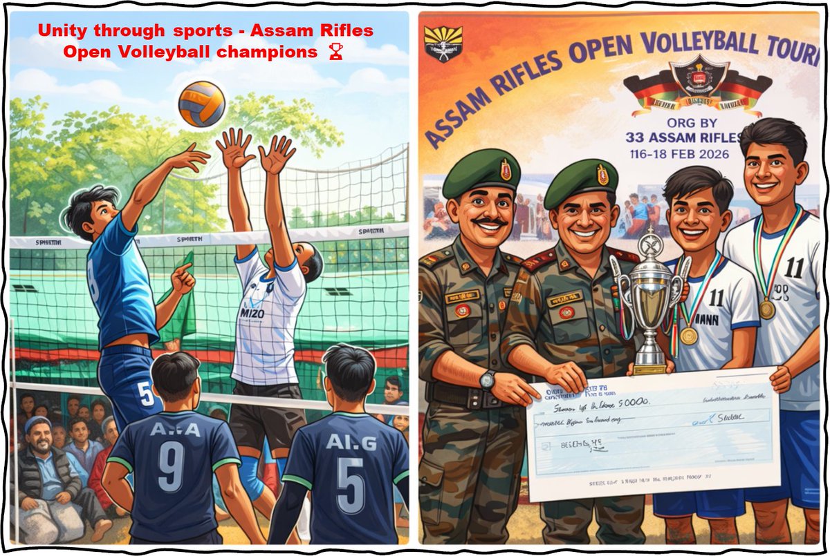 manipur_army's tweet photo. Celebrating unity through sports
The #AssamRifles Open Volleyball Tournament brought together champions & showcased the true spirit of peace and teamwork.
Congratulations to the winners.
#Manipur #RecoveryFromDrugs
#ShivajiMaharajJayanti #vietnamtravel
#bekindbecool #Sports https://t.co/Lf2XRBedY4