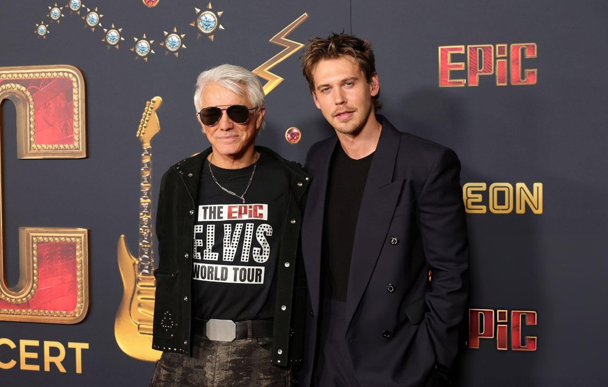 AButlerNews's tweet photo. Baz Luhrmann and Austin Butler attend the Los Angeles Premiere of Baz Luhrmann's "EPiC: Elvis Presley In Concert" Presented by Neon at TCL Chinese Theatre in Hollywood, California. - February 18th https://t.co/8inx01mzuI