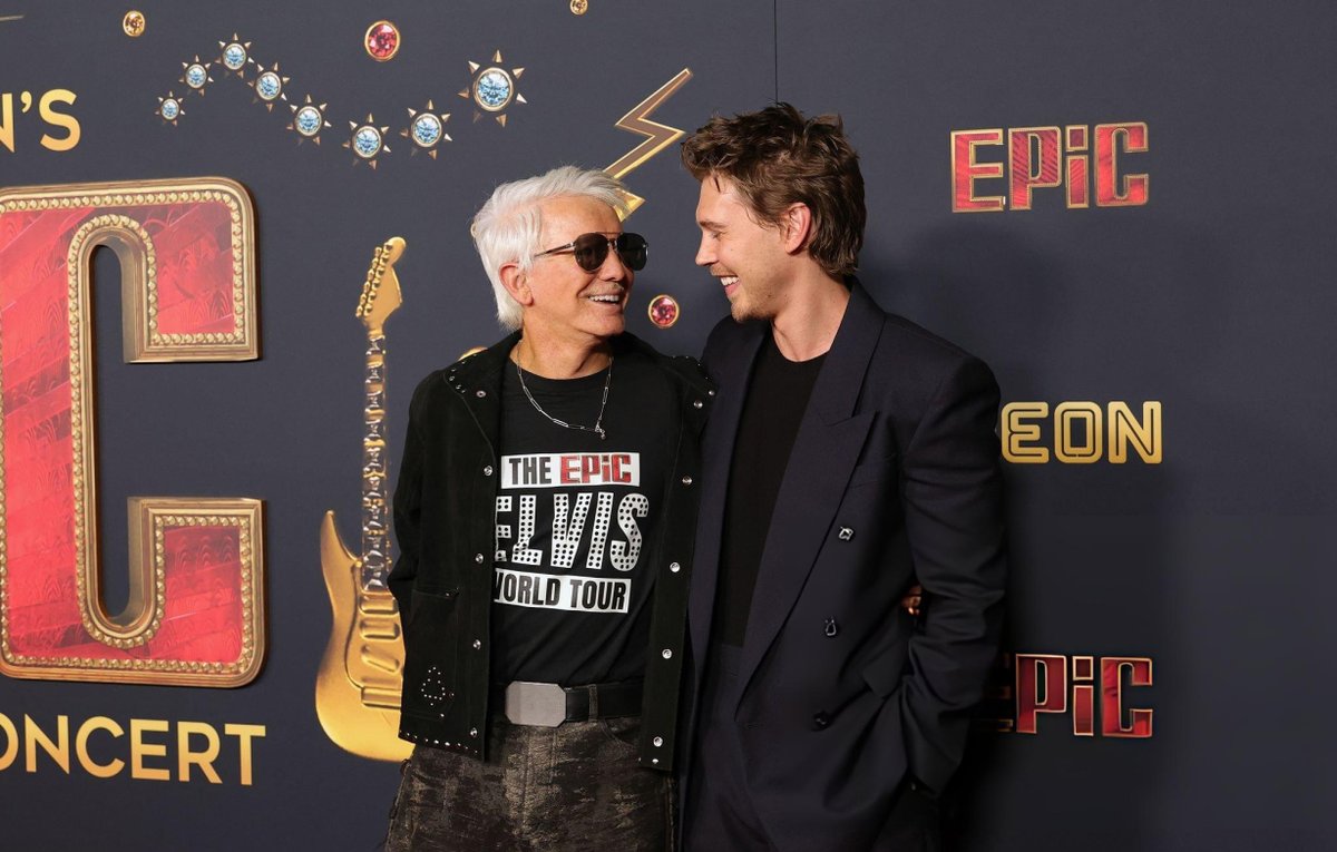 AButlerNews's tweet photo. Baz Luhrmann and Austin Butler attend the Los Angeles Premiere of Baz Luhrmann's "EPiC: Elvis Presley In Concert" Presented by Neon at TCL Chinese Theatre in Hollywood, California. - February 18th https://t.co/8inx01mzuI