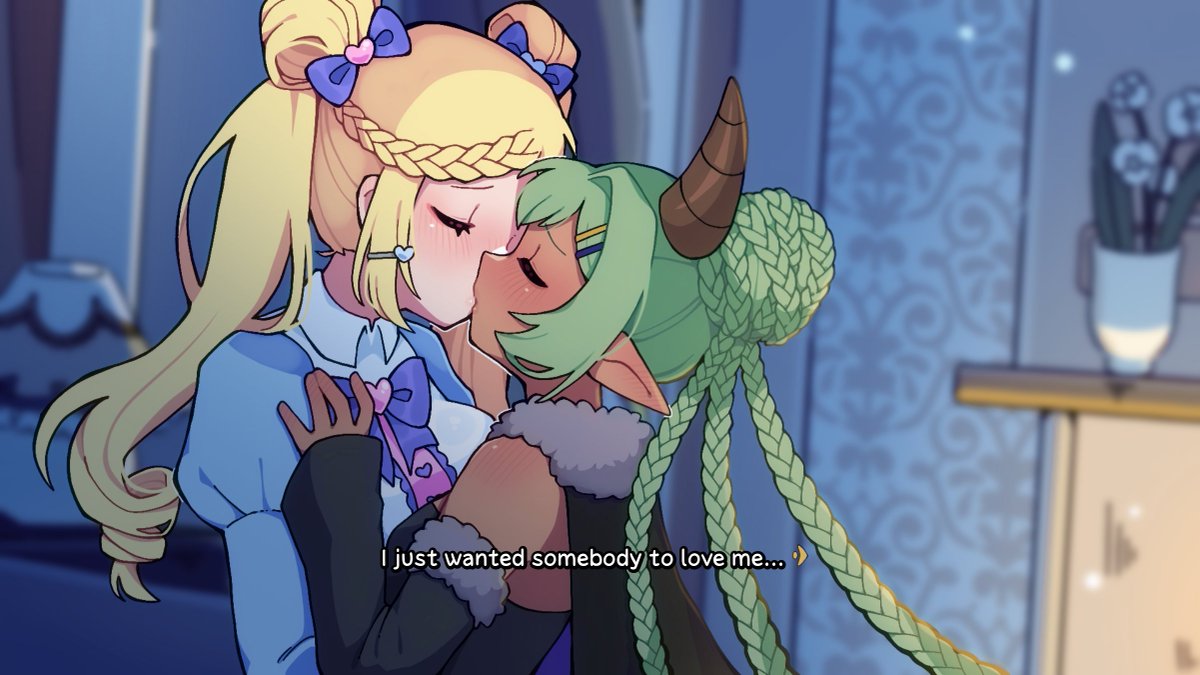 I'm working on a cute comedy yuri visual novel, The Demon Queen's Dire Dilemma!
It's a story about a useless failgirl demon queen who can't seem to get her human maid to fear her. What gives?! 💢💢💢

The VN will be released in late February 💚✨