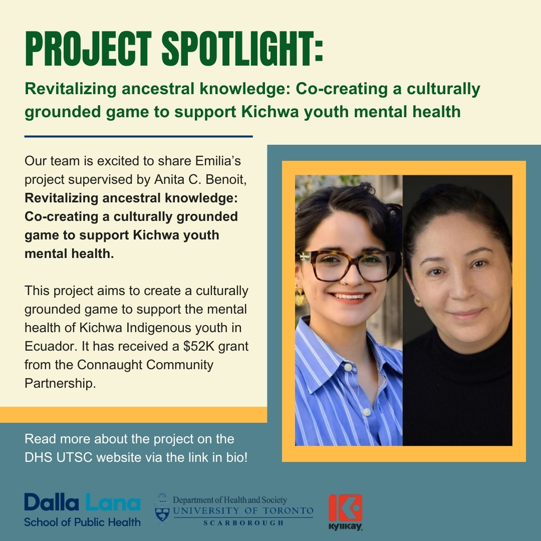 BenoitResearch's tweet photo. Our team is excited to share Emilia Zamora's project, supervised by Anita C. Benoit, Revitalizing ancestral knowledge: Co-creating a culturally grounded game to support Kichwa youth mental health!  

Read more about the project on the DHS UTSC website via link in bio. https://t.co/dkc6viee6A