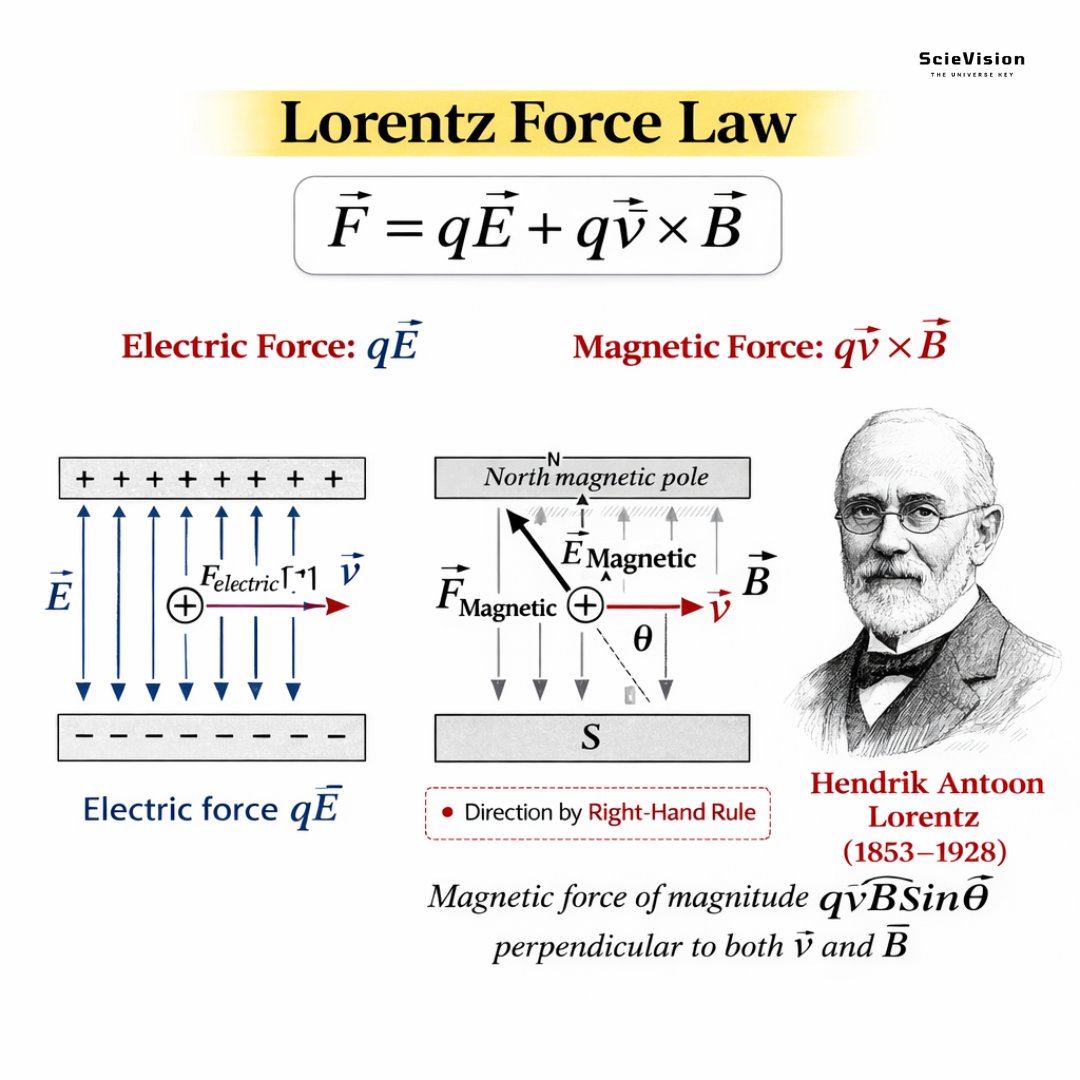 The Lorentz force ✍️

It is the total physical influence on an electrically charged particle as it moves through electric and magnetic fields. It has two parts: an electric force that pushes or pulls the particle along the electric field, whether the particle is moving or still,