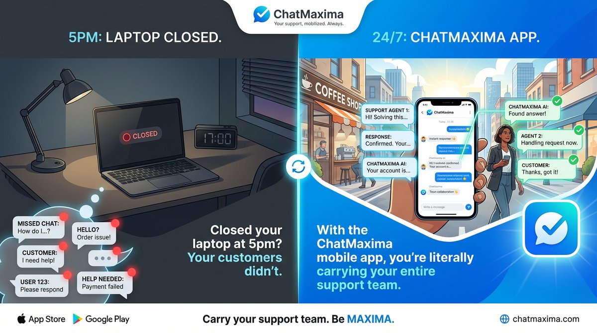 chatmaxima's tweet image. Closed your laptop at 5pm?

Your customers didn't stop chatting.

With the ChatMaxima mobile app, you're literally carrying your entire support team in your pocket.

iOS + Android. Real-time. Always on.

#MobileApp #SaaS