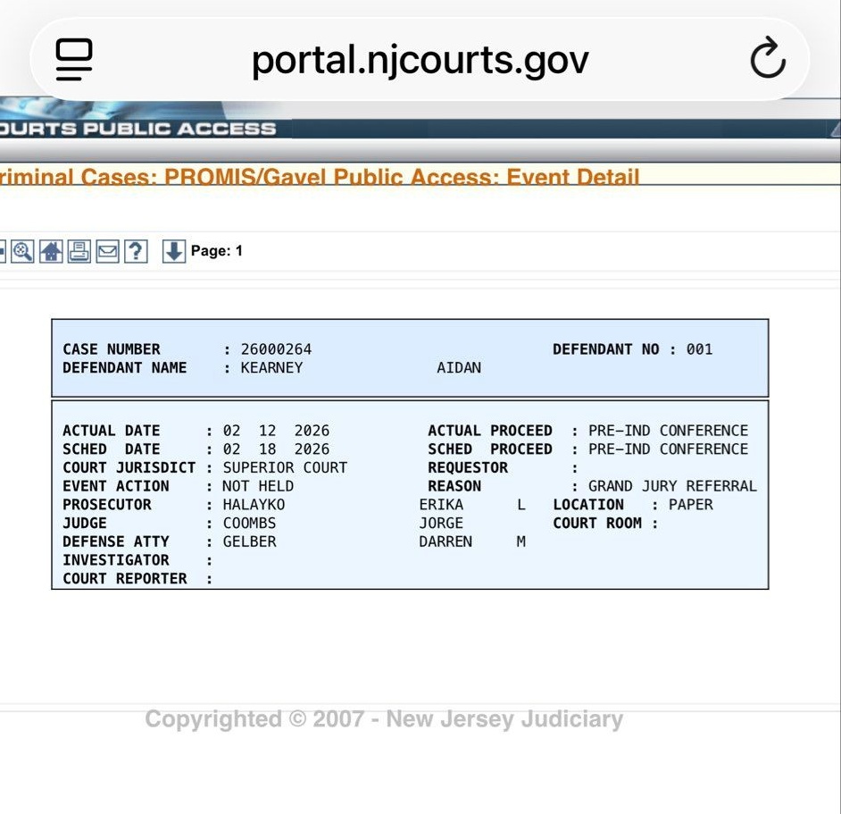 The New Jersey Cyber Harassment complaint against Aidan Kearney has been sent to a grand jury. Interesting.  This is a level 4 felony, carrying a max sentence of 18 months in prison. Kearney has not been charged, a grand jury in New Jersey will decide.
