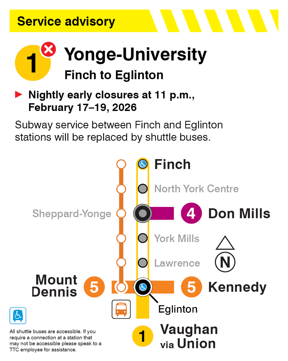 駅① Line 1 Yonge-University: There is no subway service between Finch